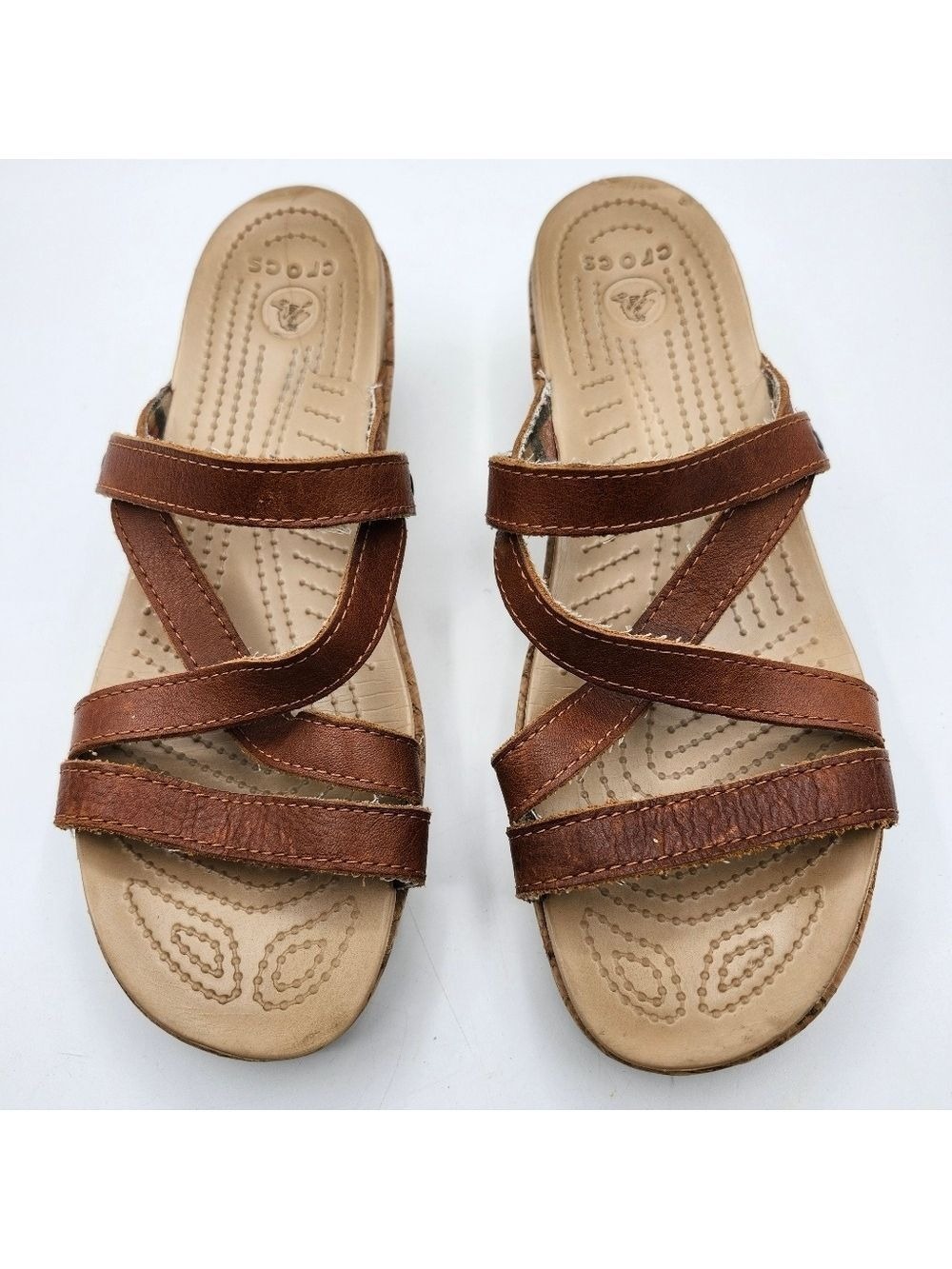 CROCS Brown Strappy Leather Sandals 2" Cork Wedge Heel Sz 9